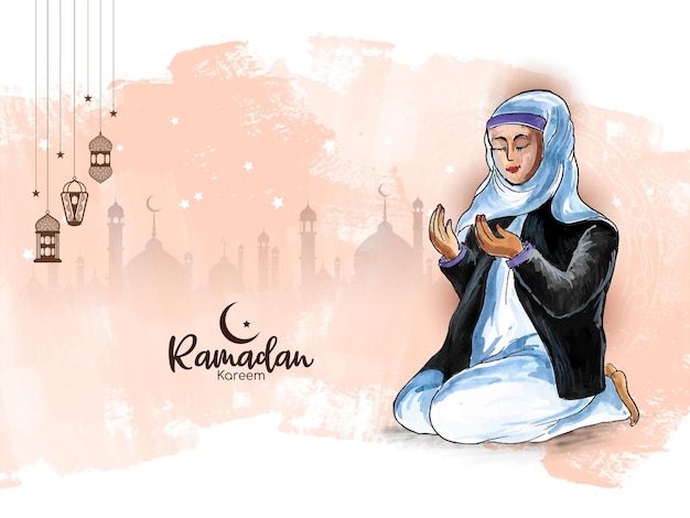 Поздравительная открытка фестиваля Рамадан Карим с мусульманской женщиной, предлагающей намаз