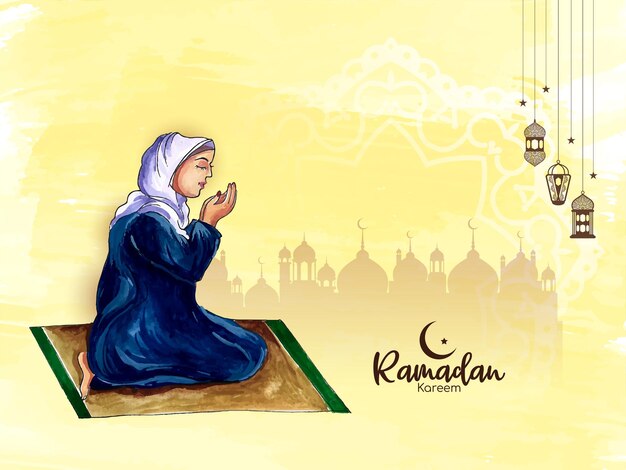 Vettore gratuito ramadan kareem festival cartellino giallo con donna musulmana che offre namaz in hijab