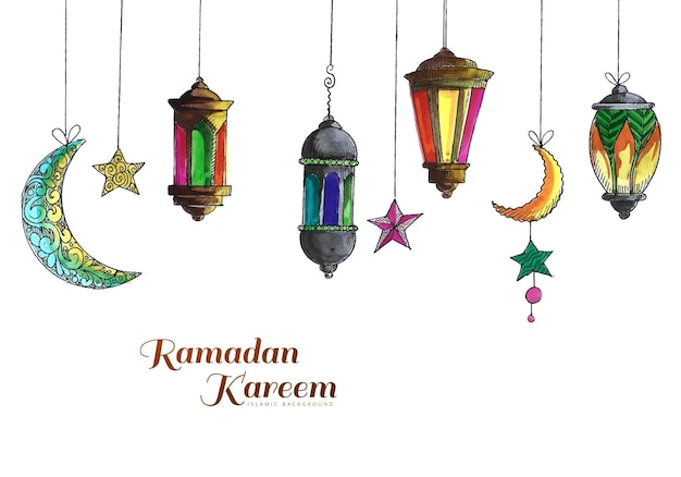 라마단 카림 축제 매달려 수채화 아랍어 램프 카드 배경