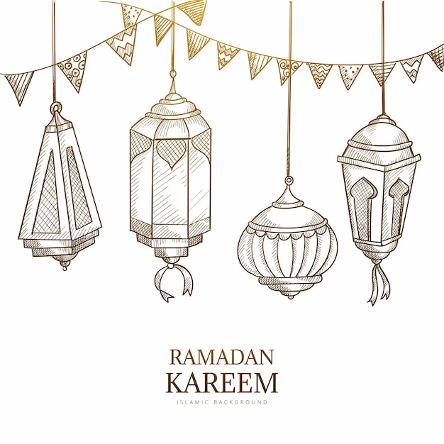 Free vector ramadan kareem greeting card with hanging lamps