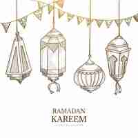 Vettore gratuito biglietto di auguri di ramadan kareem con lampade a sospensione