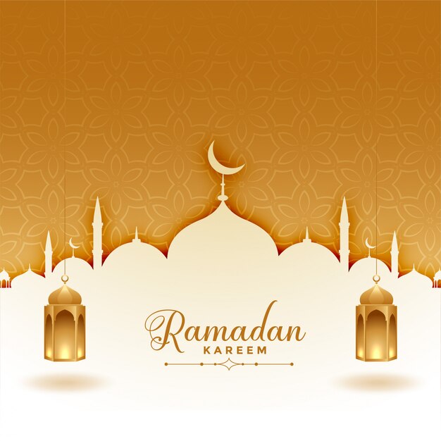 Ramadan kareem greeting card with mosque and lanterns