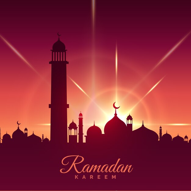 Ramadan kareem greeting card with mosque and shiny star