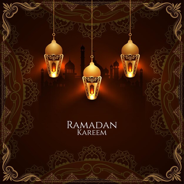 Ramadan Kareem greeting card with Stylish glowing lanterns