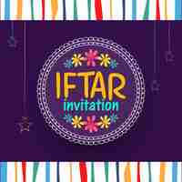 Free vector ramadan kareem, iftar invitation design decorated with colorful flowers and hanging stars.