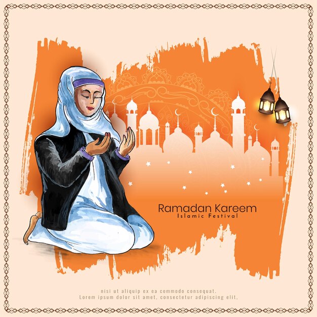 Ramadan Kareem Islamic festival card with muslim female offering namaz in hijab