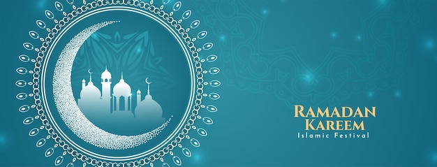 Free vector ramadan kareem islamic festival greeting banner with mosque vector