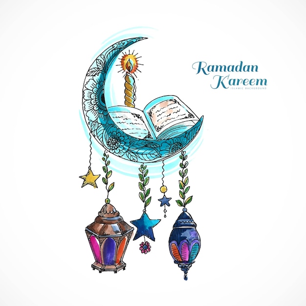 Vettore gratuito sfondo colorato della carta della luna e della moschea islamica del ramadan kareem