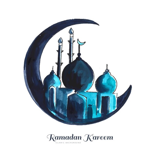 Ramadan kareem islamic moon and mosque greeting card background