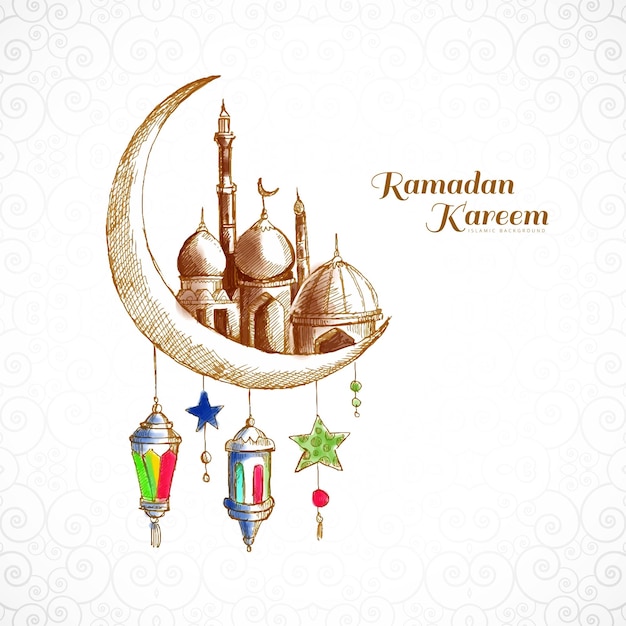 Ramadan kareem islamic moon and mosque sketch card background