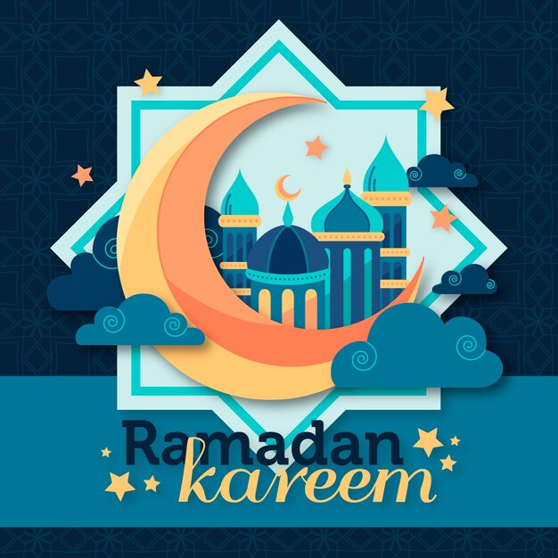 Ramadan kareem lettering with mosque and moon