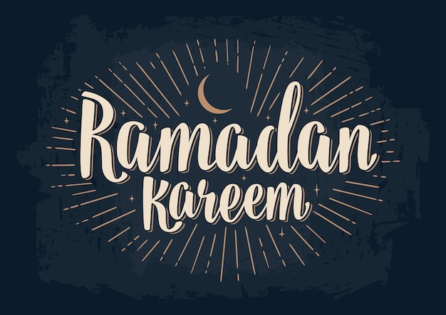 Ramadan kareem lettering with rays, moon and stars. vintage hand drawn illustration for poster and banner. isolated on dark background. Premium Vector