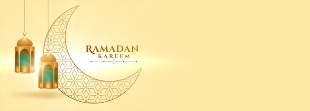 Free vector ramadan kareem moon and islamic lantern banner