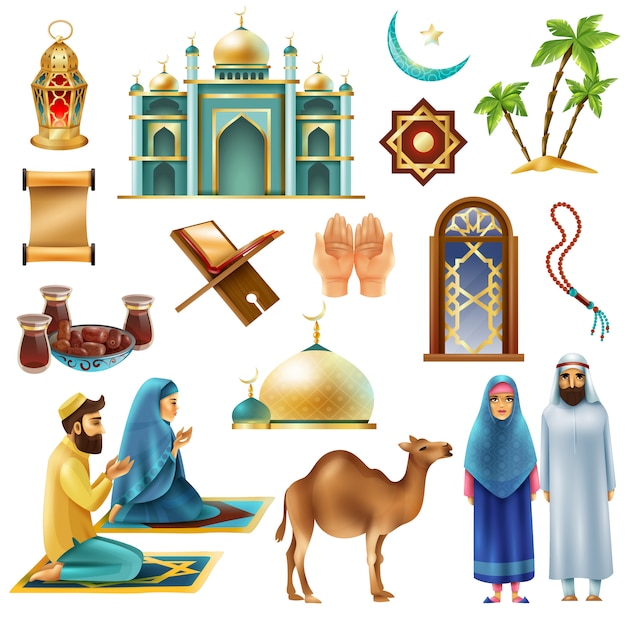 Ramadan kareem mubarak symbols icons set