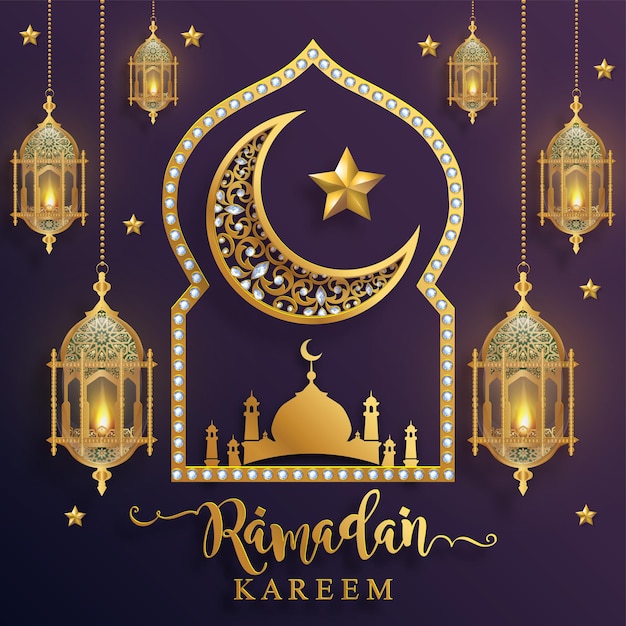 Ramadan kareem, ramadhan or eid mubarak by muslims greeting background islamic with gold patterned and crystals on paper color background.( translation : ramadan kareem ) Premium Vector