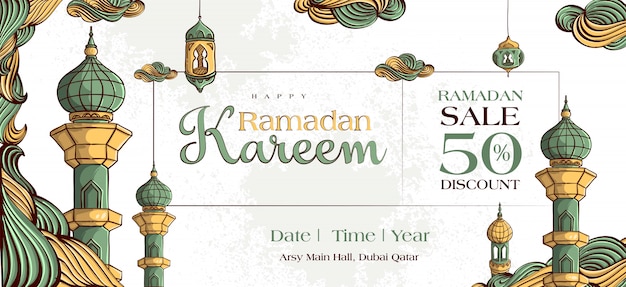 Ramadan kareem sale banner with hand drawn islamic illustration ornament on white grunge background.