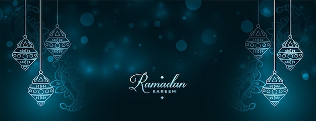 Ramadan kareem sparkling banner with lantern decoration