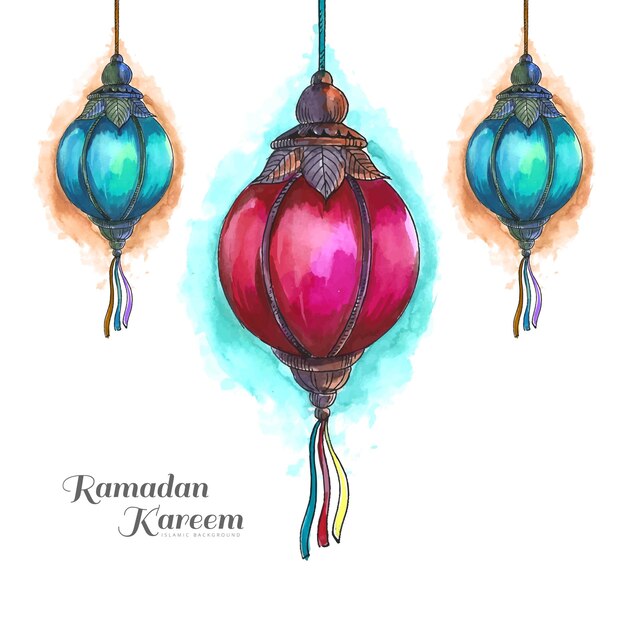 Ramadan Kareem three colorful traditional islamic lamps card background