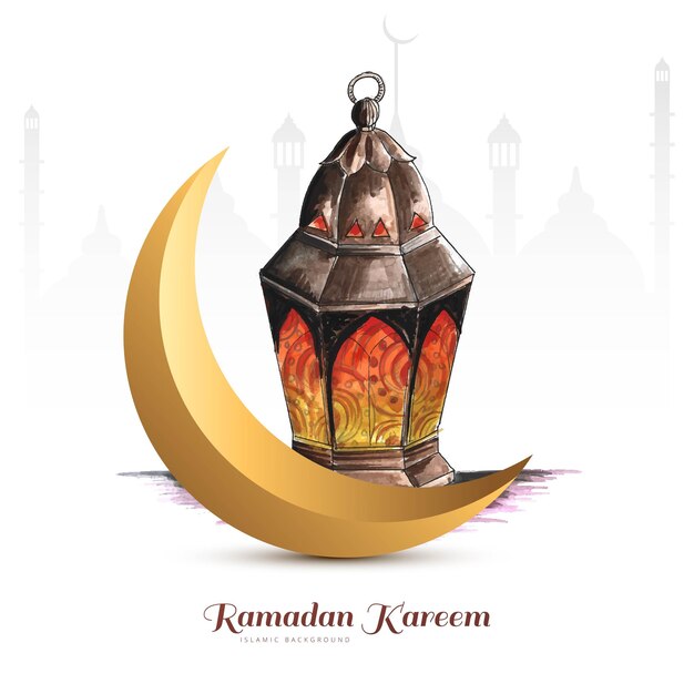 Ramadan Kareem three colorful traditional islamic lamps card background