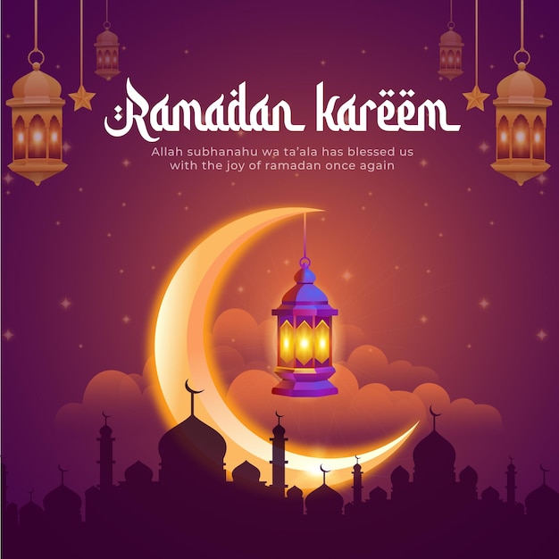 Free vector ramadan kareem with beautiful crescent and lantern instagram post illustration design template