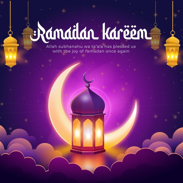 Free vector ramadan kareem with beautiful crescent and lantern instagram post illustration design template