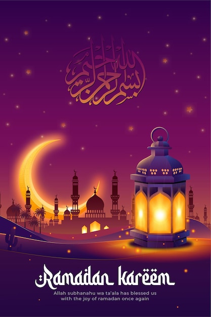 Vettore gratuito ramadan kareem con bella mezzaluna e lanterna instagram post story illustration design template