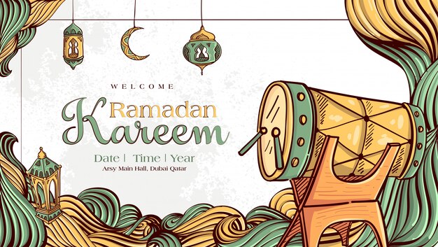 Ramadan Kareem with Hand drawn Islamic Illustration ornament on White Grunge Background