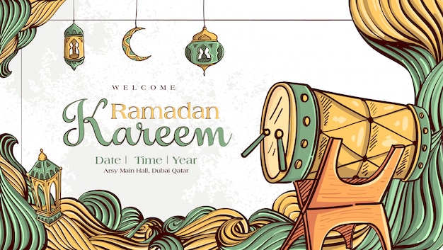 Ramadan Kareem with Hand drawn Islamic Illustration ornament on White Grunge Background