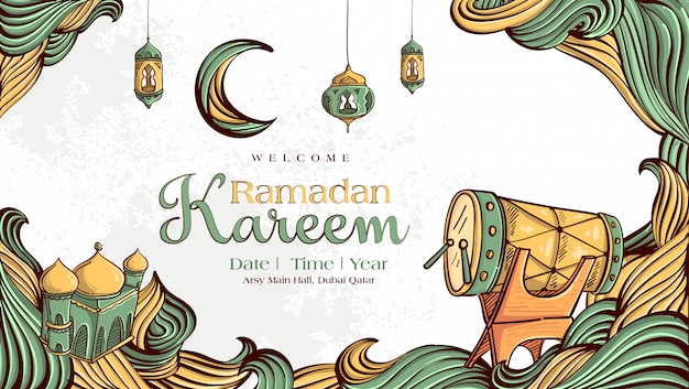 Ramadan Kareem with Hand drawn Islamic Illustration ornament on White Grunge Background