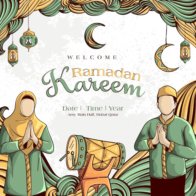 Ramadan Kareem with Hand drawn Islamic Illustration ornament on White Grunge Background