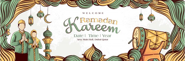 Рамадан Карим с рисованной исламской иллюстрации орнамент на белом фоне гранж