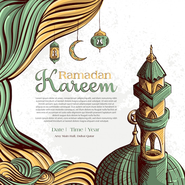 Ramadan Kareem with Hand drawn Islamic Illustration ornament on White Grunge Background