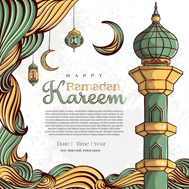 Ramadan Kareem with Hand drawn Islamic Illustration ornament on White Grunge Background