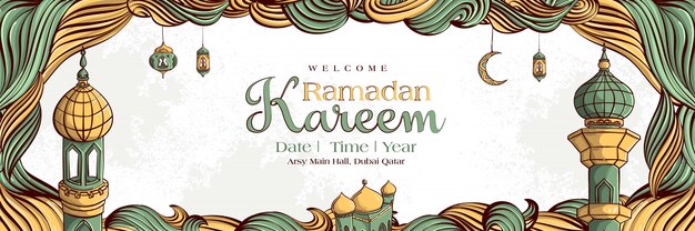 Ramadan Kareem with Hand drawn Islamic Illustration ornament on White Grunge Background