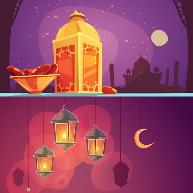 Vettore gratuito insieme della bandiera del fumetto delle lanterne di ramadan