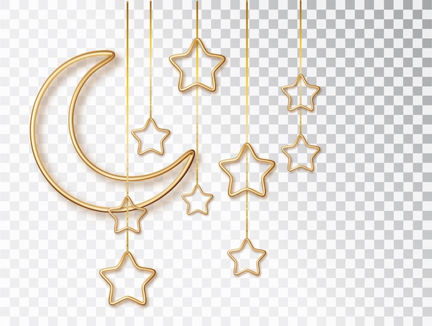 Ramadan realistick golden crescent moons with hanging stars isolated Ramadan Kareem 3d design element for muslim holidays isolated