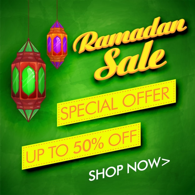 Vettore gratuito vendita ramadan con offerta speciale di sconto. sfondo verde creativo con le lampade appese decorazione per la festa della comunità musulmana della festa.