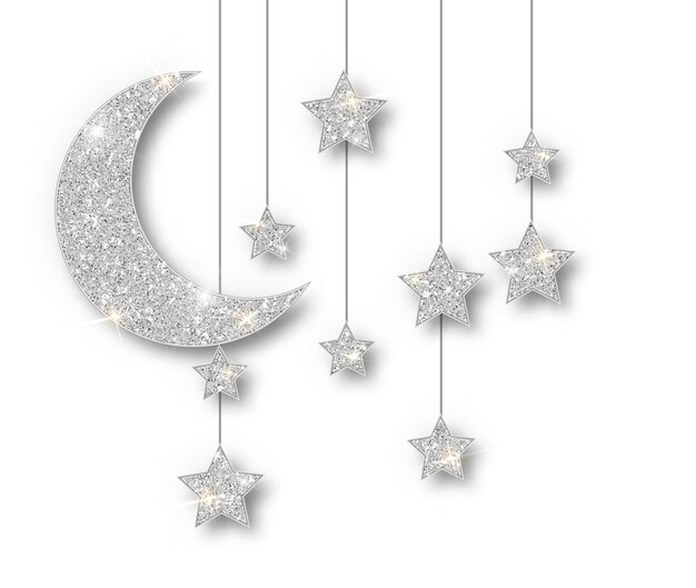 Ramadan silver decoration isolated on white background. Hanging Crescent Islamic glitter stars. Ramadan Kareem design element isolated. Vector frame for party posters, headers, banners.