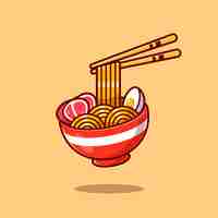 Free vector ramen noodle egg and meat with chopstick cartoon