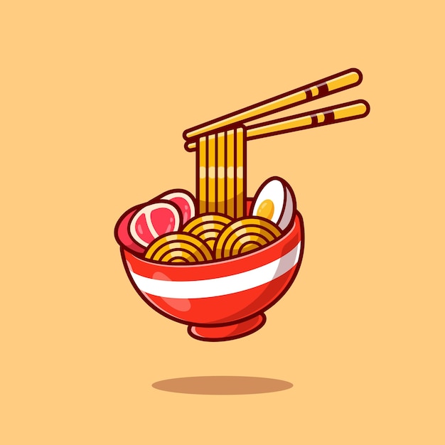Ramen Noodle Egg And Meat With Chopstick Cartoon