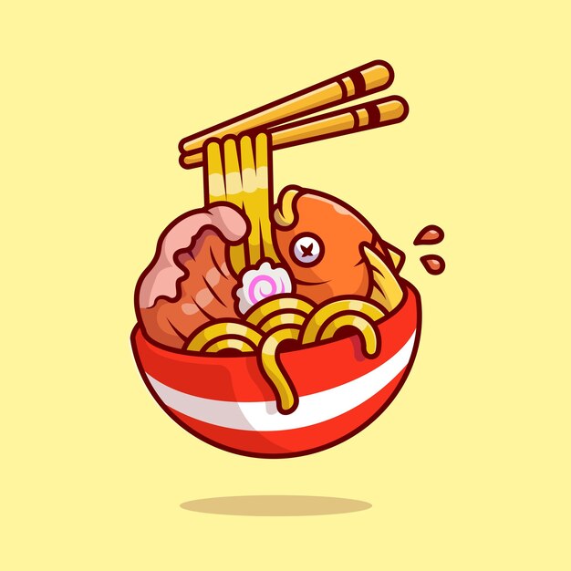 Ramen Noodle Fish With Chopstick Cartoon Vector Icon Illustration Food Object Icon Concept Isolated