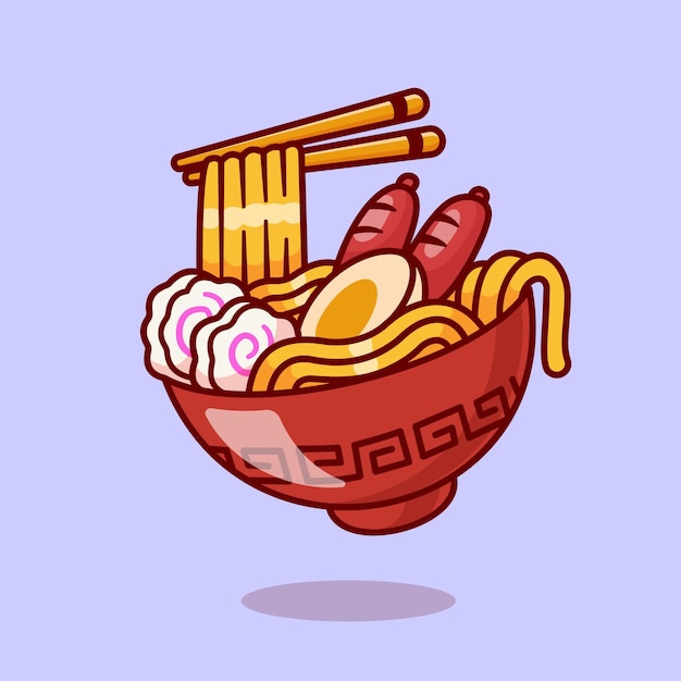 Vettore gratuito ramen noodle con bastoncini da mangiare e salsiccia cartoon vector icon illustration food object icon isolato