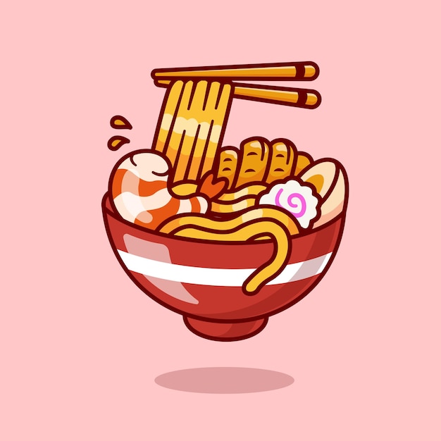 Vettore gratuito ramen noodle con gamberetti e bastoncini da mangiare cartoon vector icon illustrazione oggetto alimentare isolato piatto