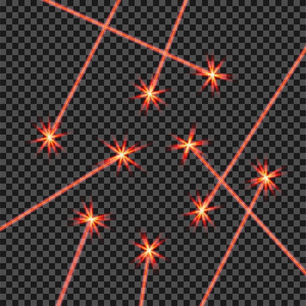 Random abstract red laser beams light isolated on transparent black