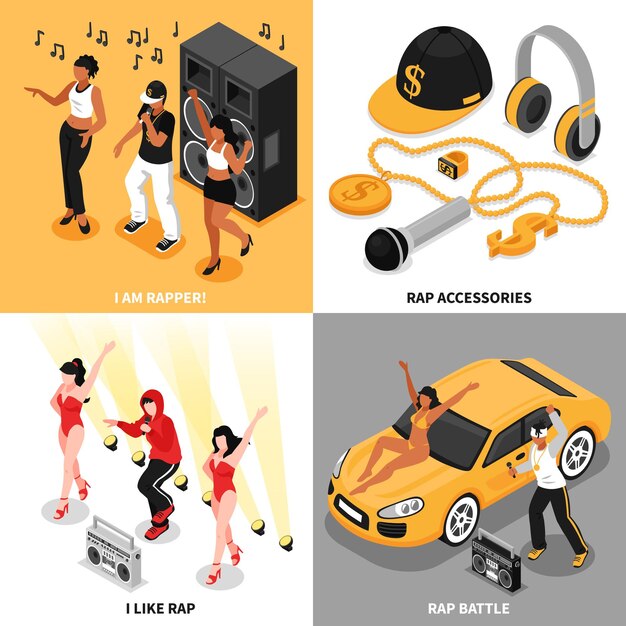 Rap 2x2  concept set of singing rappers music accessories rap battle and fans square compositions isometric