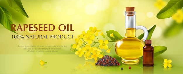 Rape canola horizontal poster with oil product symbols realistic vector illustration