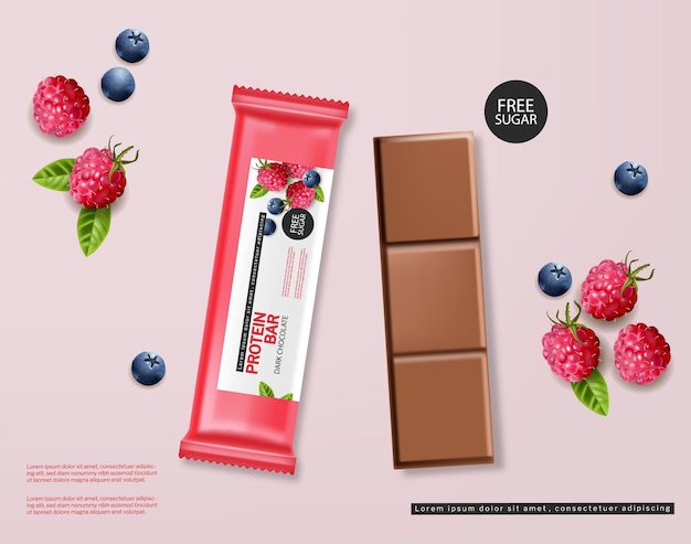 라즈베리 초콜릿 단백질 바 벡터 현실적인 제품 배치는 과일 초콜릿을 조롱합니다.
