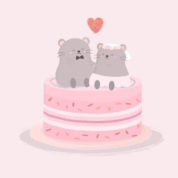 Любовник Крысы сидит на сладком торте, изолированный мультфильм Милые животные романтические влюбленные пары, концепция Валентина, иллюстрация