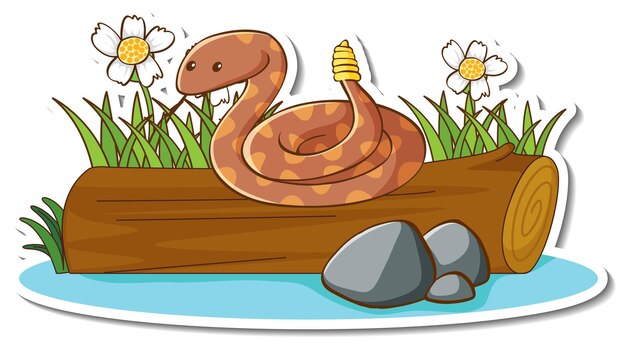 Free Vector rattle snake on a log with nature element sticker