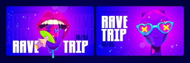 Rave trip banners with psychedelic illustrations